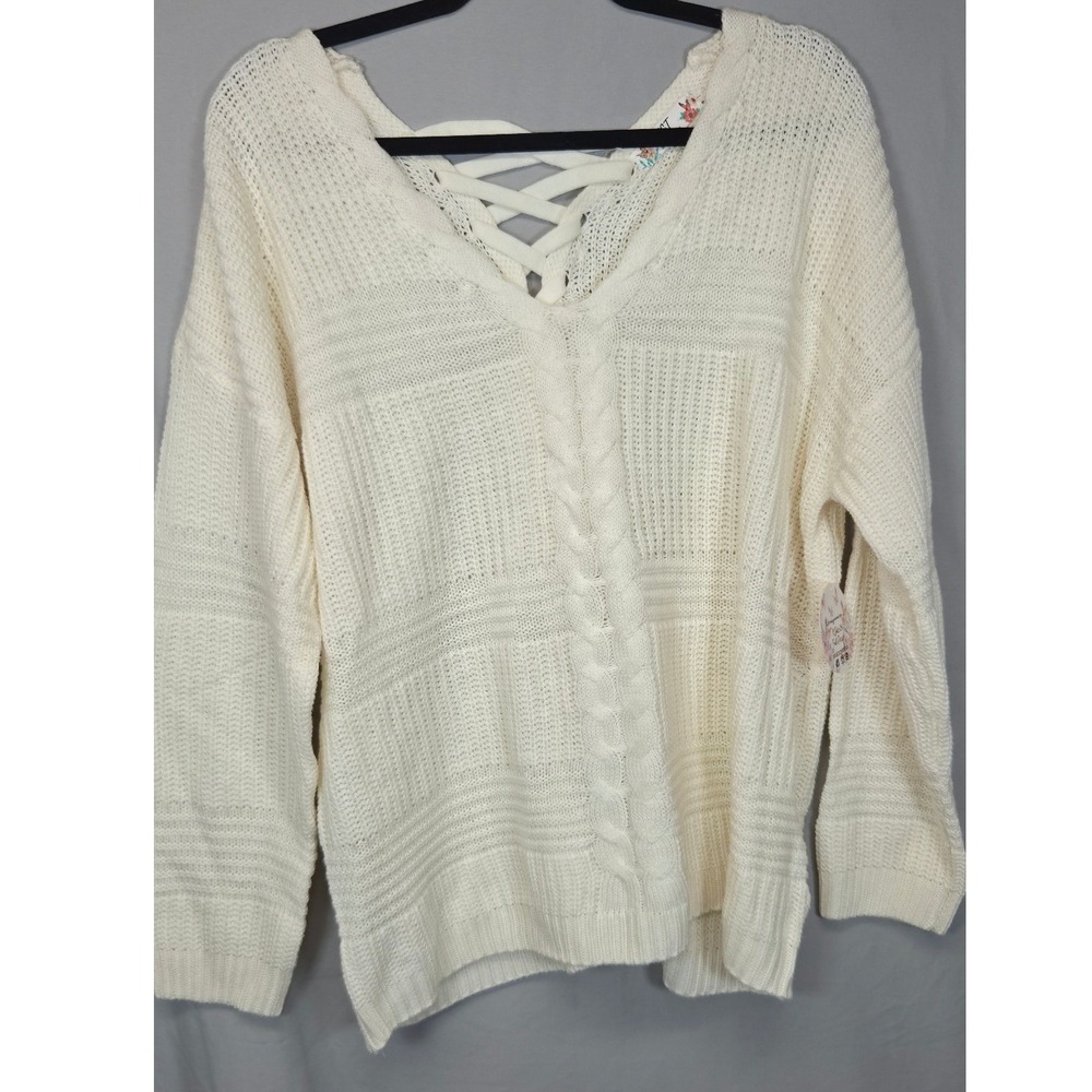 FCT Sweater Womens 3X White NWT Lace Up Back Cable Knit V-Neck Long Sleeve 2020s